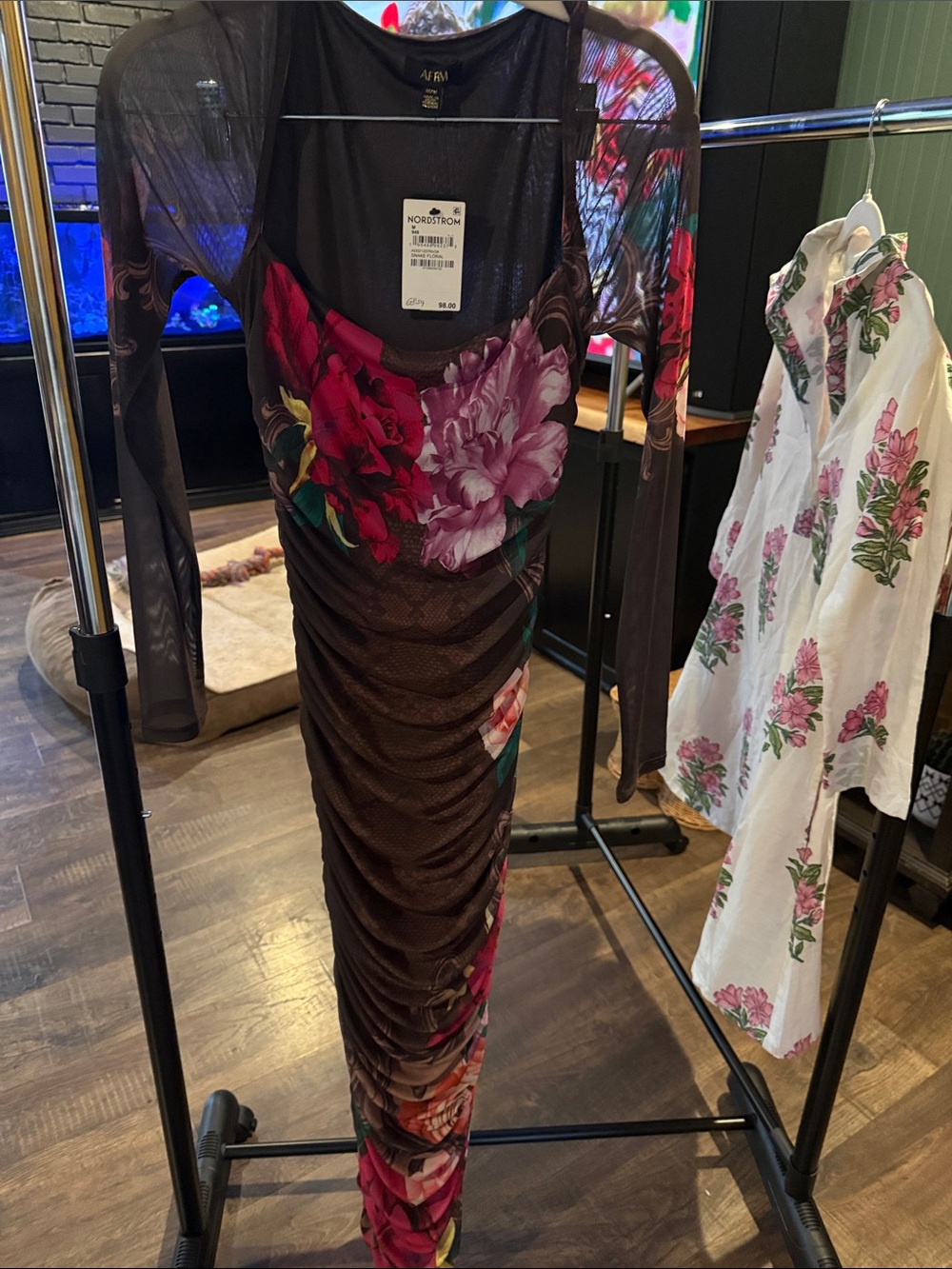 AFRM Brown Mesh Long Sleeve Floral Bodycon Dress